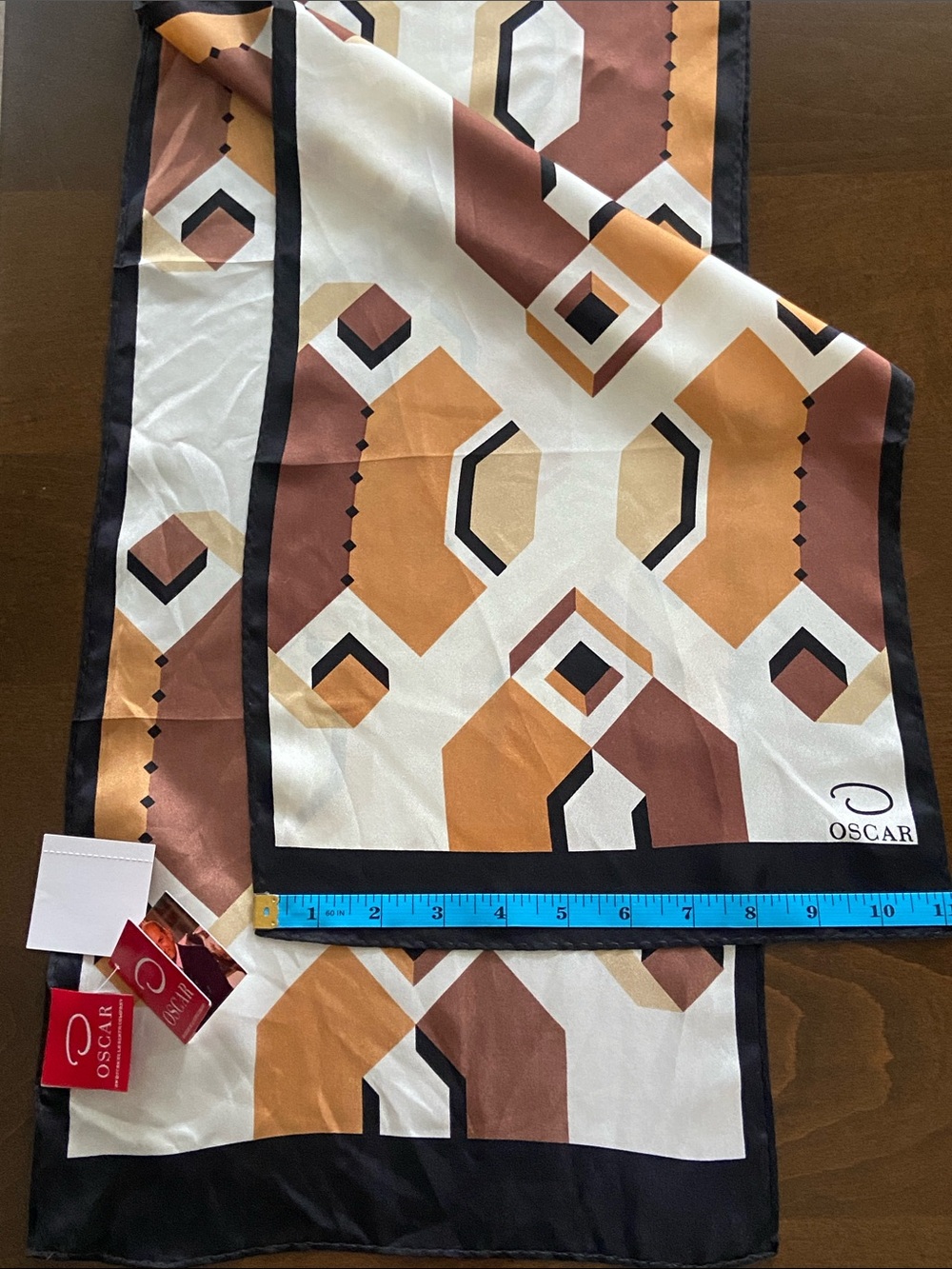 Oscar de la Renta Geometric Silk Scarf in Shades of Brown & Cream, Black Border - Picture 10 of 12